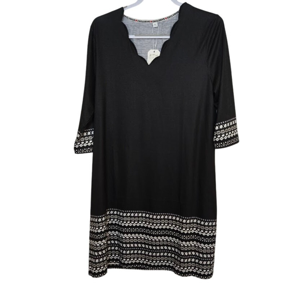 Womens Black Geometric Print Scallop Neck Shift Dress‎ 3/4 Sleeve XL